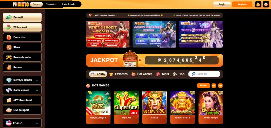 PHGinto App - Explore a diverse selection of games and features in a user-friendly online casino environment.